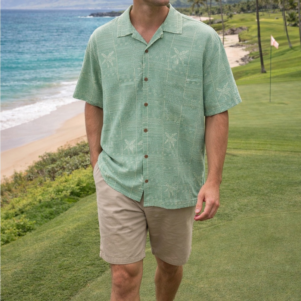 Silk Tommy Bahama Style Green Tropical Short-Sleeve Shirt Hawaiian Shirt